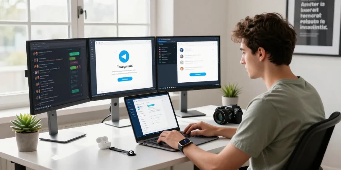 Engaged professional showcasing Telegram Download on laptop in a modern workspace
