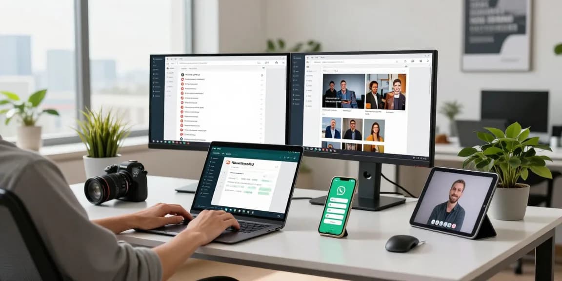 Using WhatsApp電腦版 on a laptop in a modern office workspace