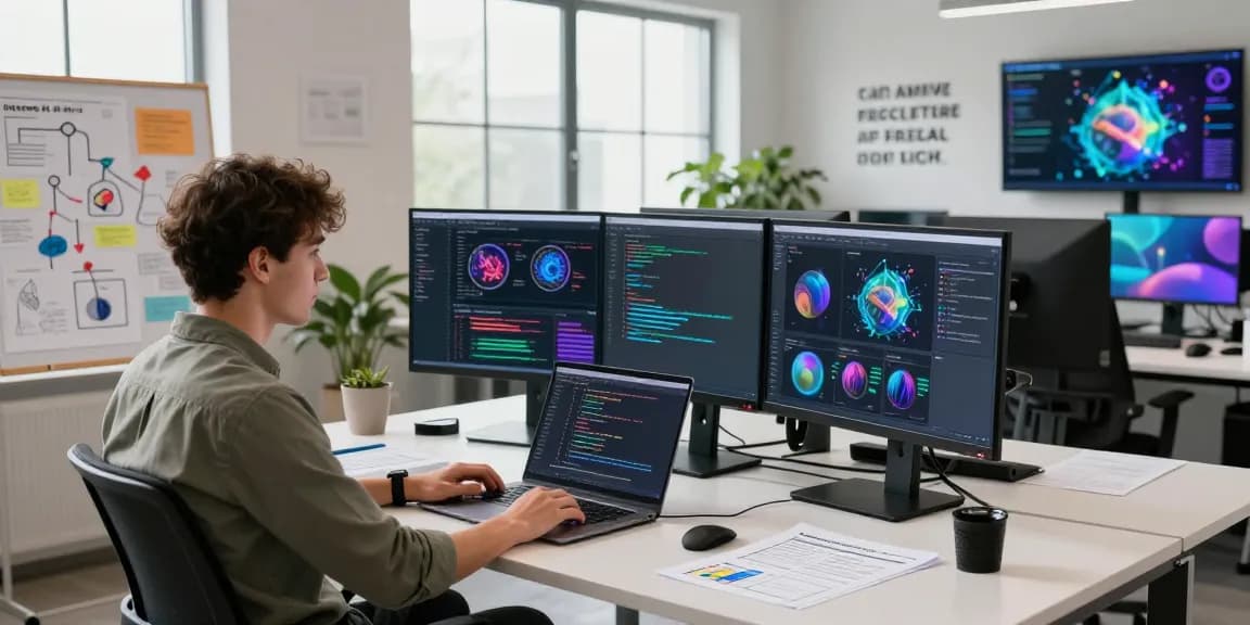 Dynamic workspace illustrating generative AI in software development with coding, data analytics, and creative brainstorming.