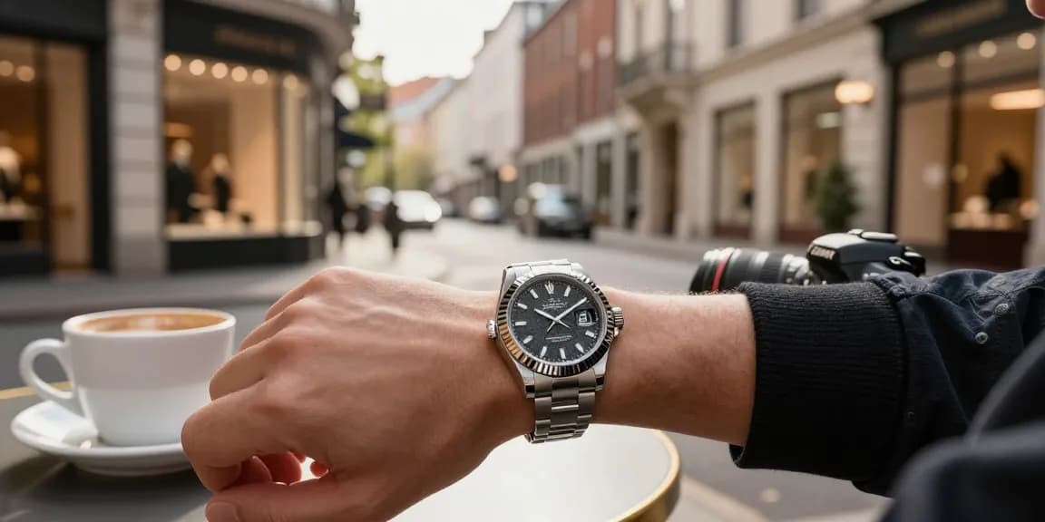 Luxury clone watches showcased on an elegant wrist with urban backdrop.