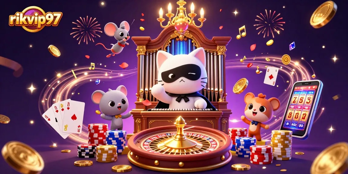 Experience the vibrant casino scene with rikvip97, featuring a whimsical cat and rich game elements.
