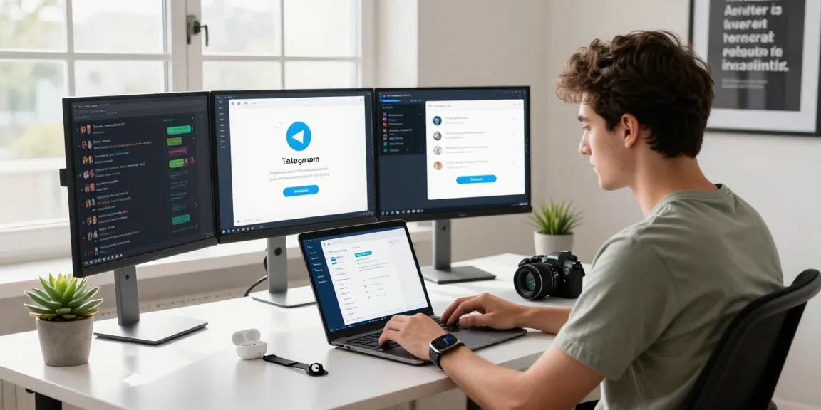 Engaged professional showcasing Telegram Download on laptop in a modern workspace