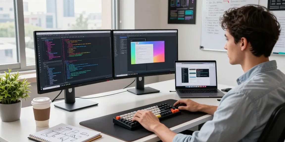 Discover Telegram下载 on a tech workspace showcasing coding setup and vibrant app designs.