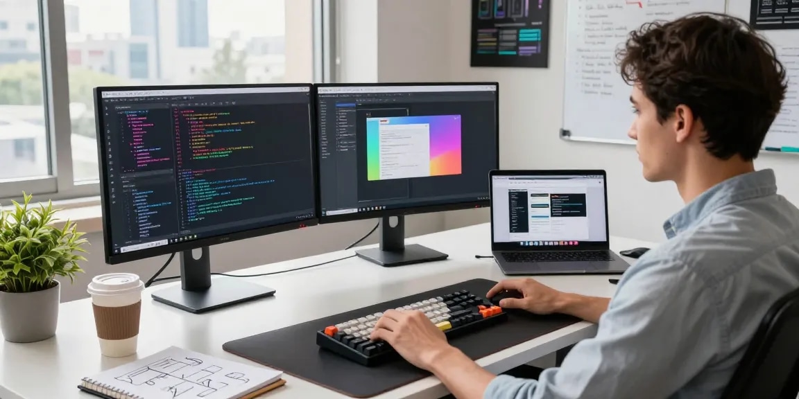Discover Telegram下载 on a tech workspace showcasing coding setup and vibrant app designs.