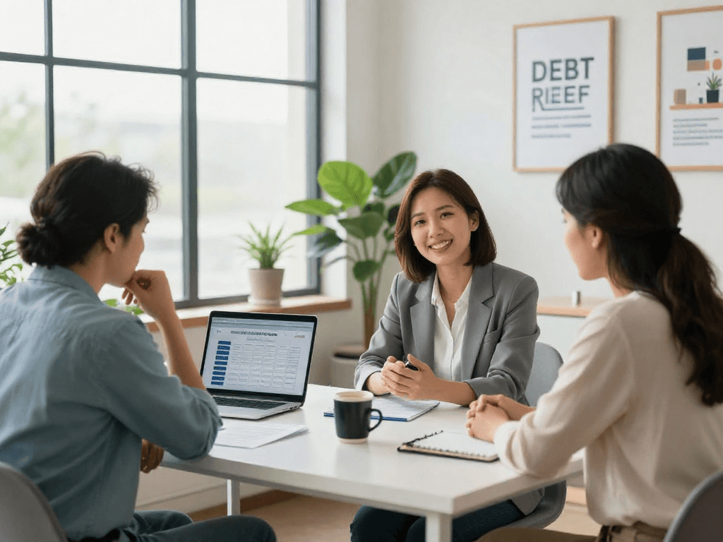 A financial counseling session focused on consolidation, featuring a counselor helping a client in a bright, inviting office.