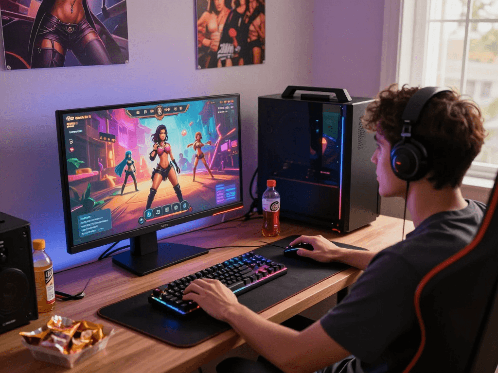 Player immersed in an interactive porngame on a sleek gaming setup.