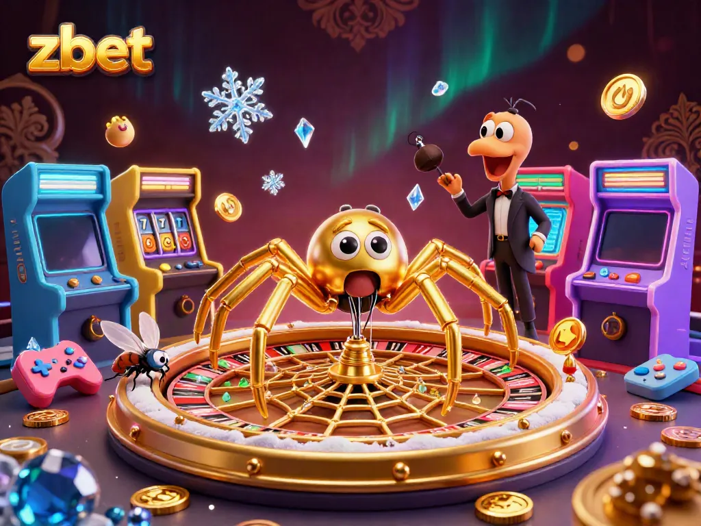 Engage in thrilling bets at ZBET, featuring a golden spider, roulette wheel, and vibrant casino games.