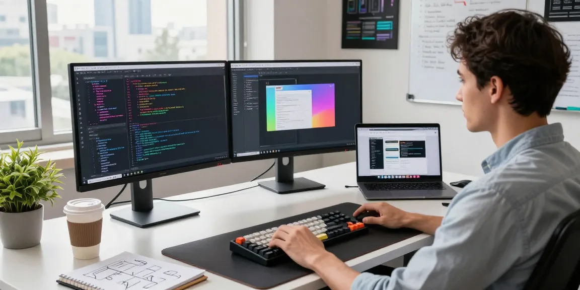 Discover Telegram下载 on a tech workspace showcasing coding setup and vibrant app designs.