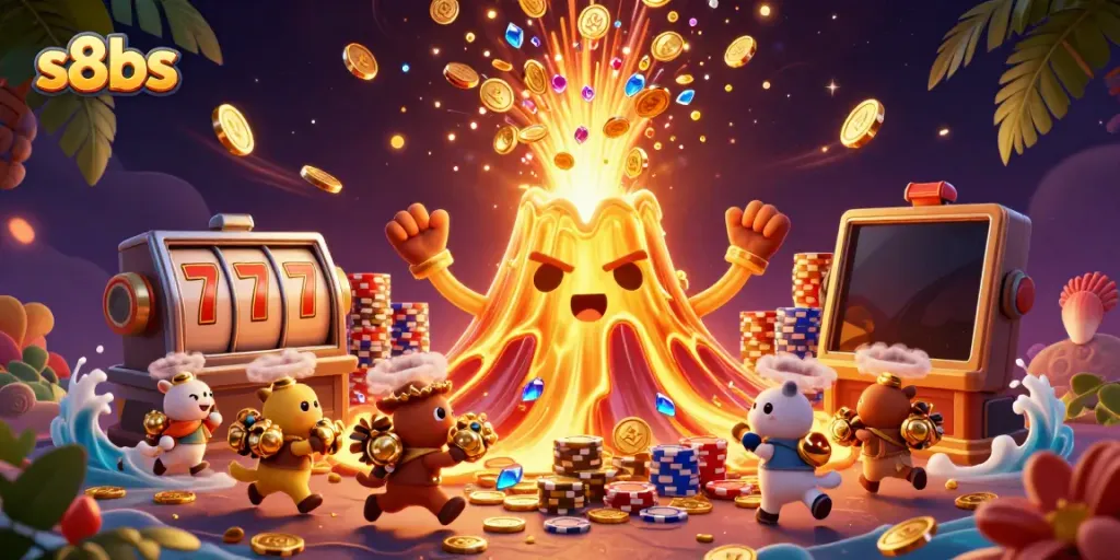 Experience thrilling slots with s8bs as a golden volcano erupts coins and gems!