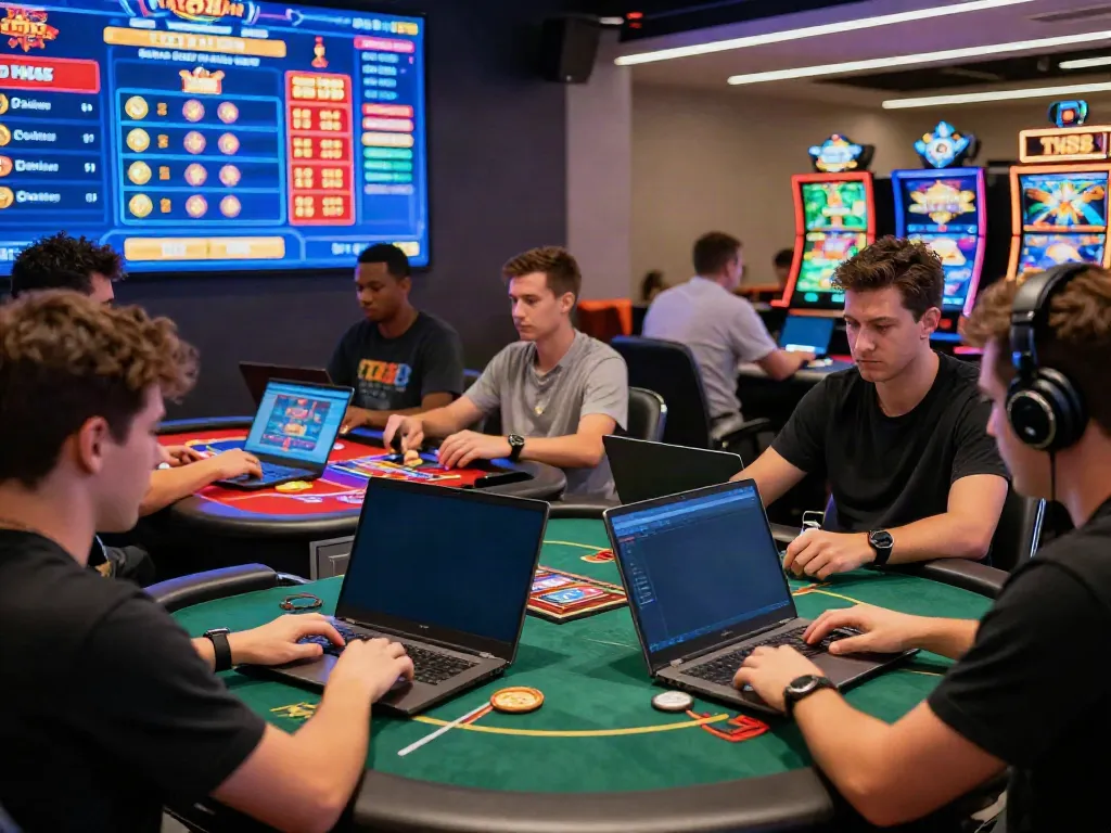 Exciting online gaming at TX88 with diverse players enjoying various casino games like slots and poker.