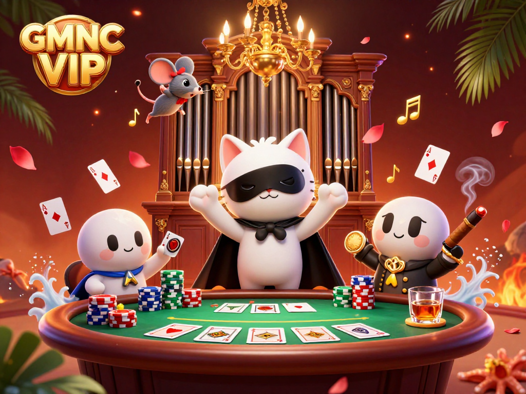 GMNC VIP showcases a vibrant online casino scene featuring a phantom cat at a poker table.