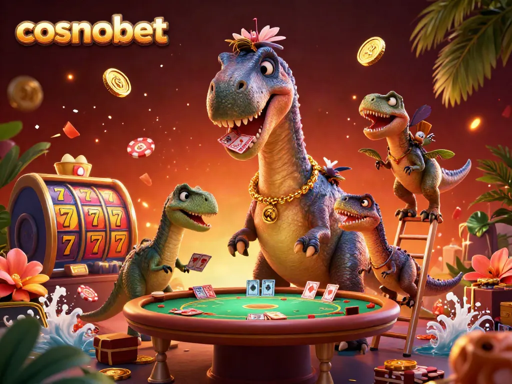 Experience thrilling gameplay at Cosmobet with a dynamic casino scene featuring a brontosaurus and poker action.
