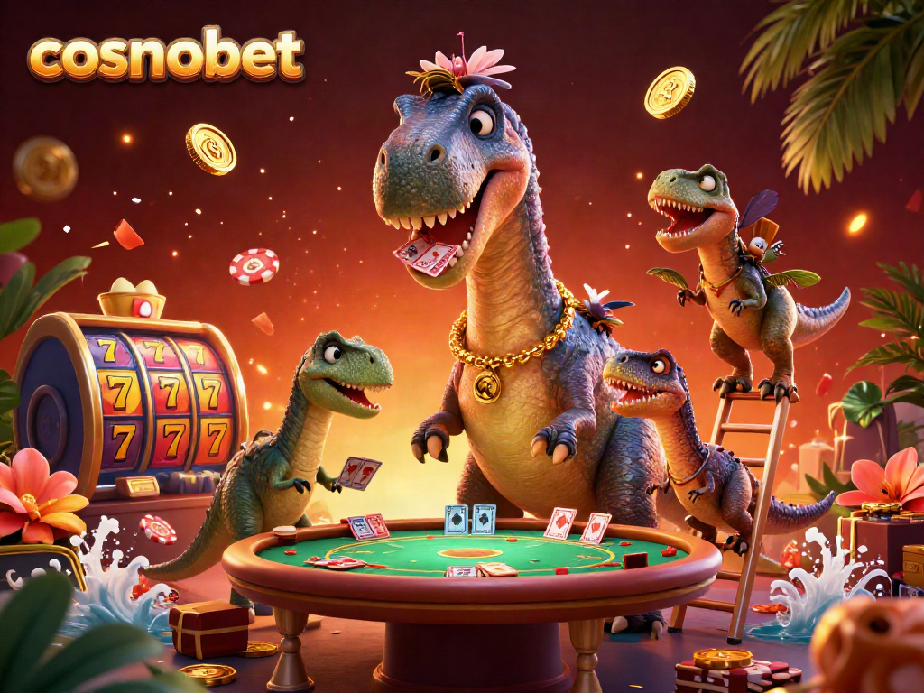 Experience thrilling gameplay at Cosmobet with a dynamic casino scene featuring a brontosaurus and poker action.