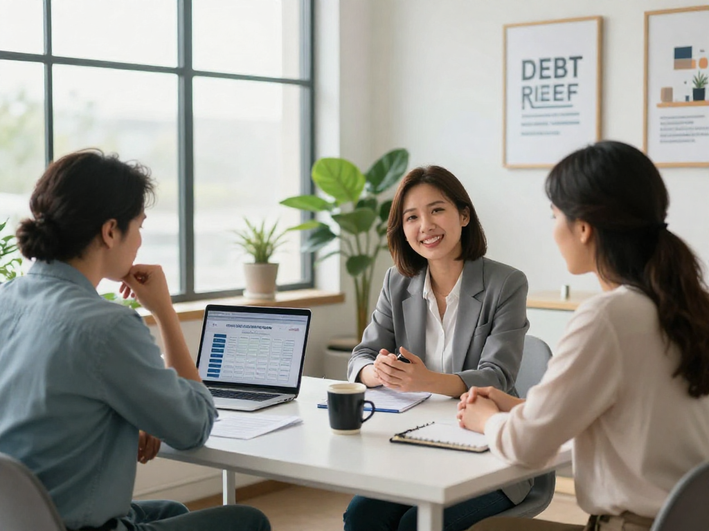 A financial counseling session focused on consolidation, featuring a counselor helping a client in a bright, inviting office.