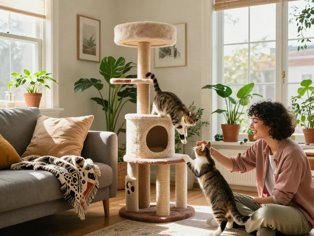 Cat tower cat tree in a bright living room with a playful cat and vibrant decor.