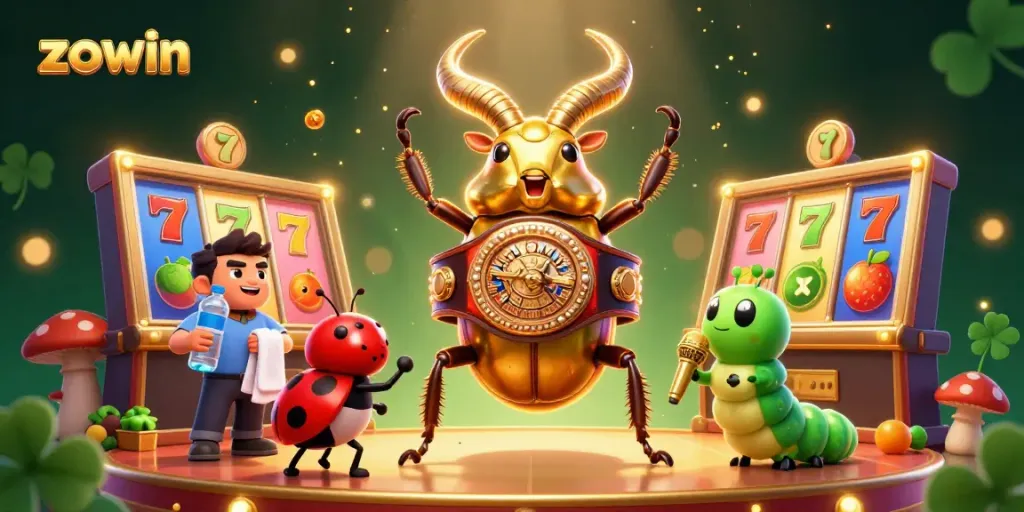 Engaging scene at Zowin casino featuring a giant stag beetle champion and vibrant slot machines.