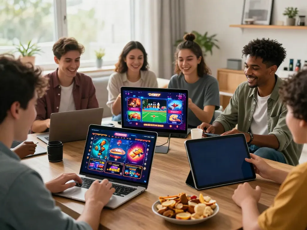 Users engaging with the DEBET platform in a vibrant living room environment.