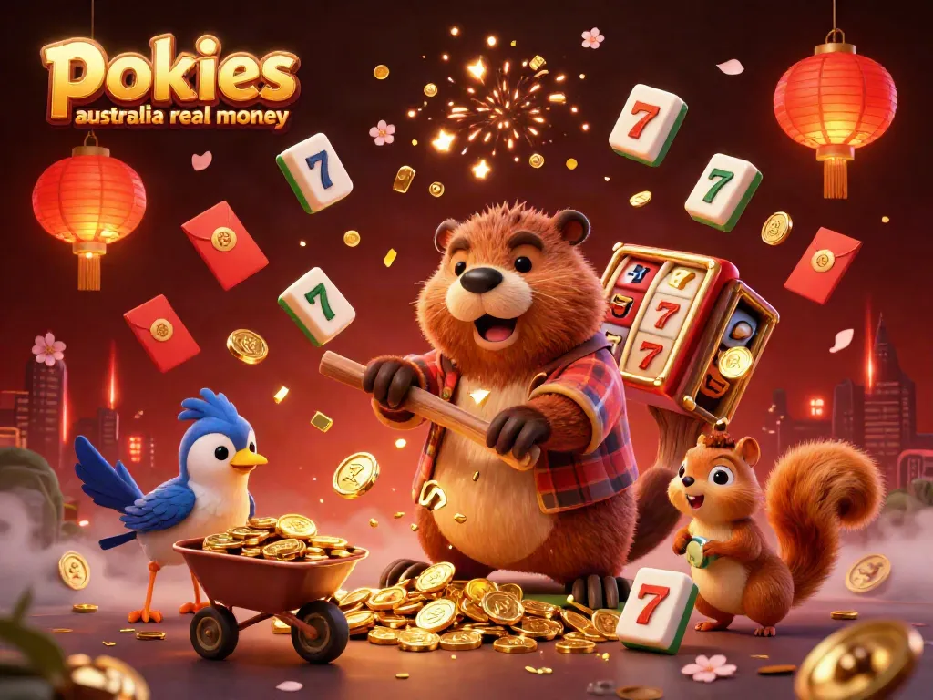 Experience exciting online pokies Australia real money with golden coins raining from a tree, showcasing fun characters and vibrant game elements.