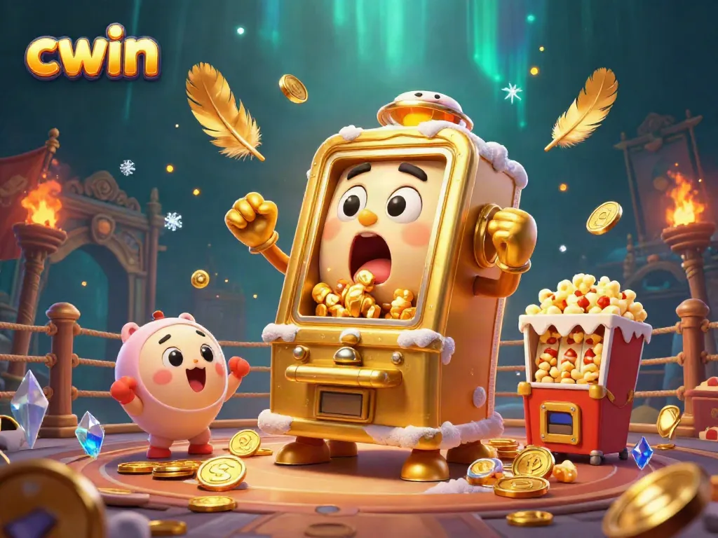 Experience the excitement of cwin as a golden slot machine hits a jackpot, coins overflowing while cheerful smaller machines celebrate.