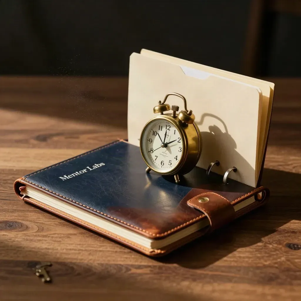 Leather notebook, tabbed folders, brass timer and ring binder on walnut in dramatic side light