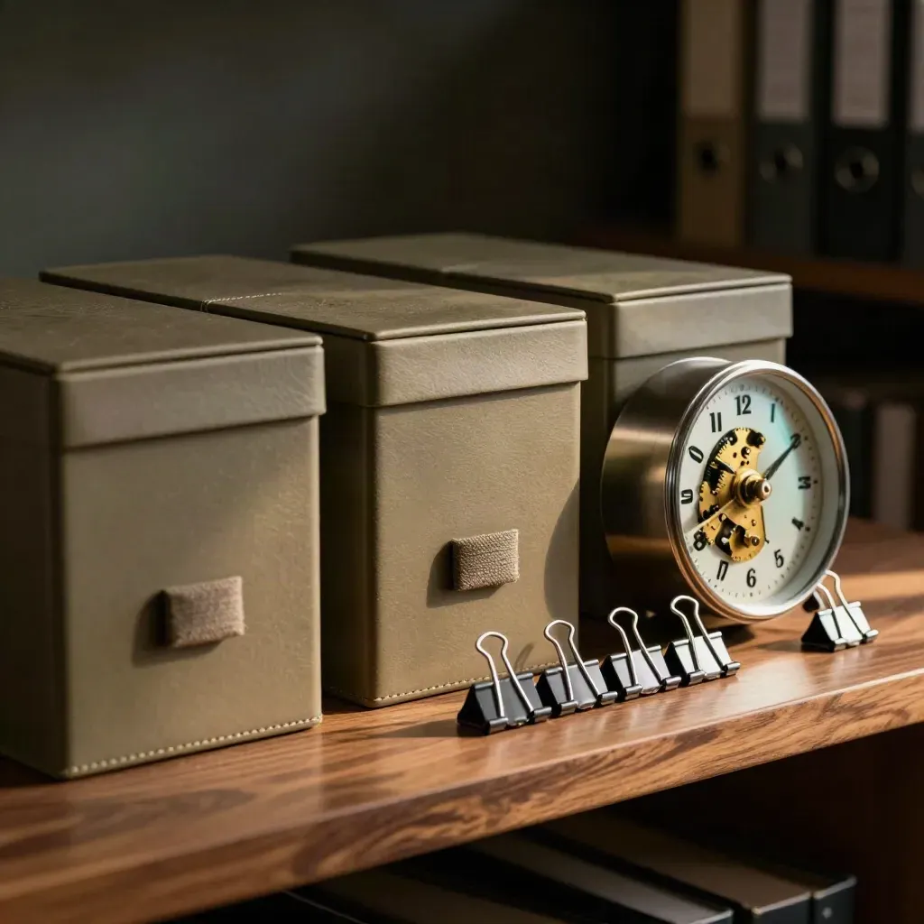 Archive boxes, a mechanical clock and binder clips on walnut with soft teal reflections.