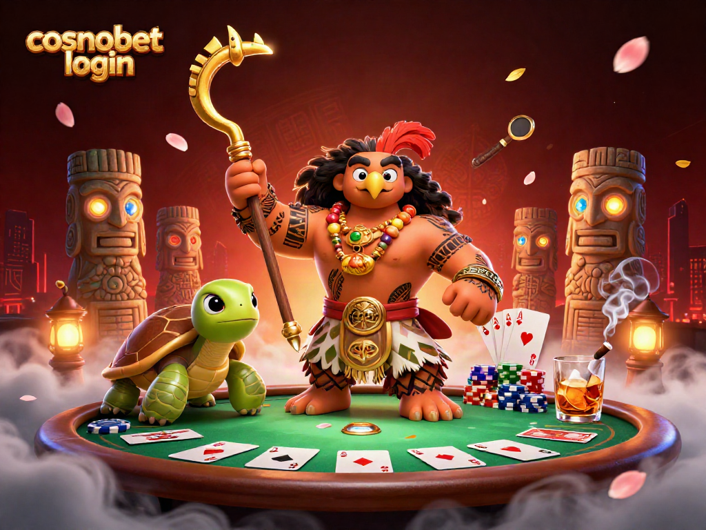 Experience the cosmobet login excitement at the poker table surrounded by vibrant gaming elements and characters.