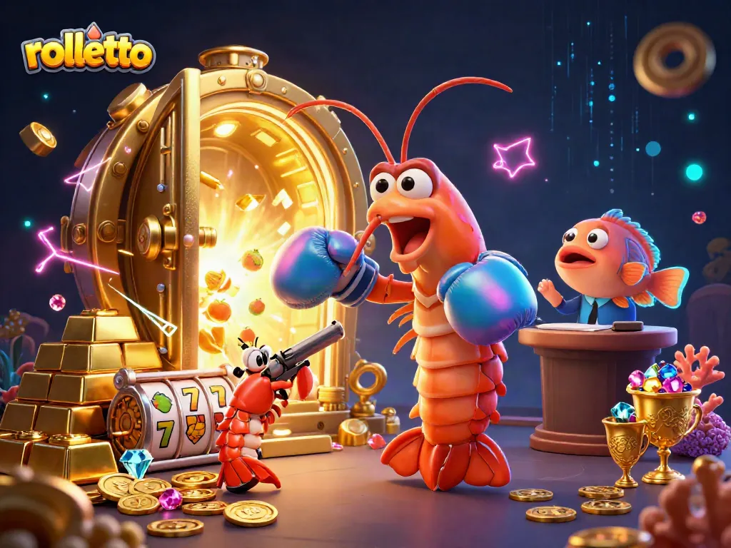 Engage with rolletto's thrilling slots featuring vibrant characters and rich treasures in a dynamic casino scene.