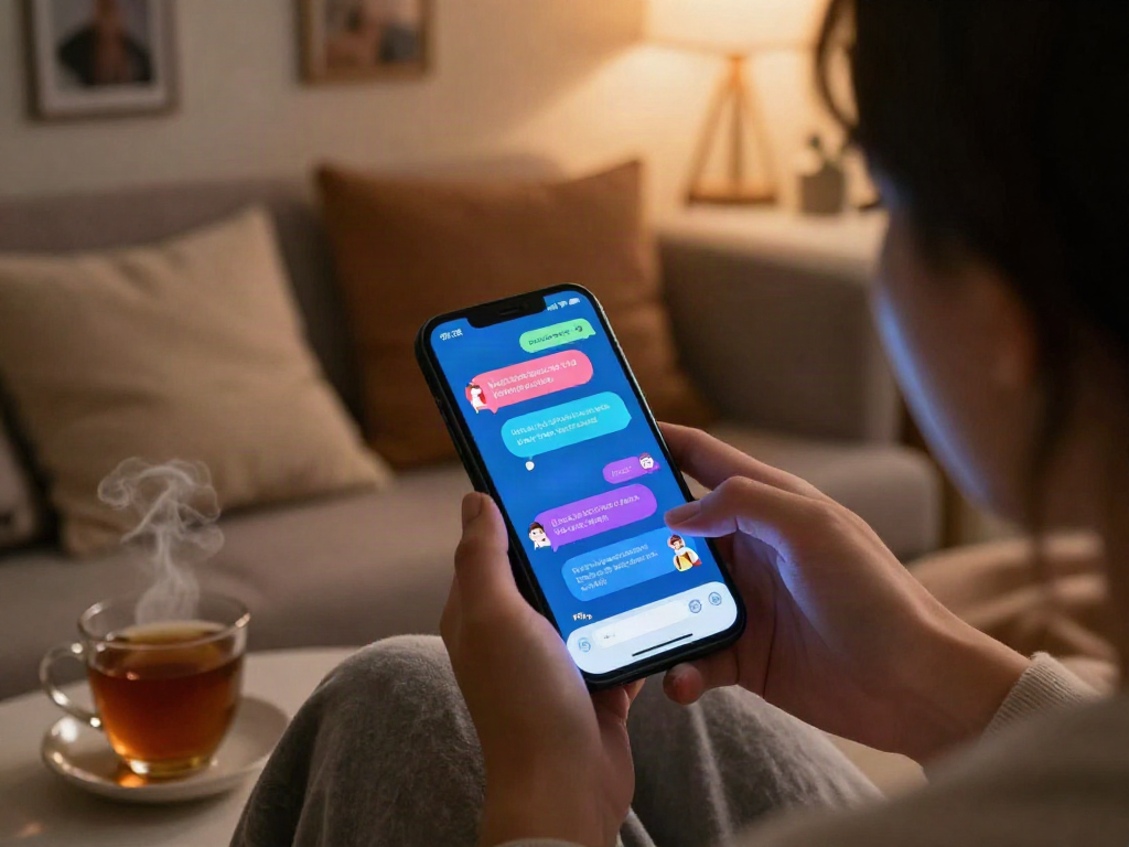 Engaging user interaction with ai porn chat on smartphone, warm cozy atmosphere