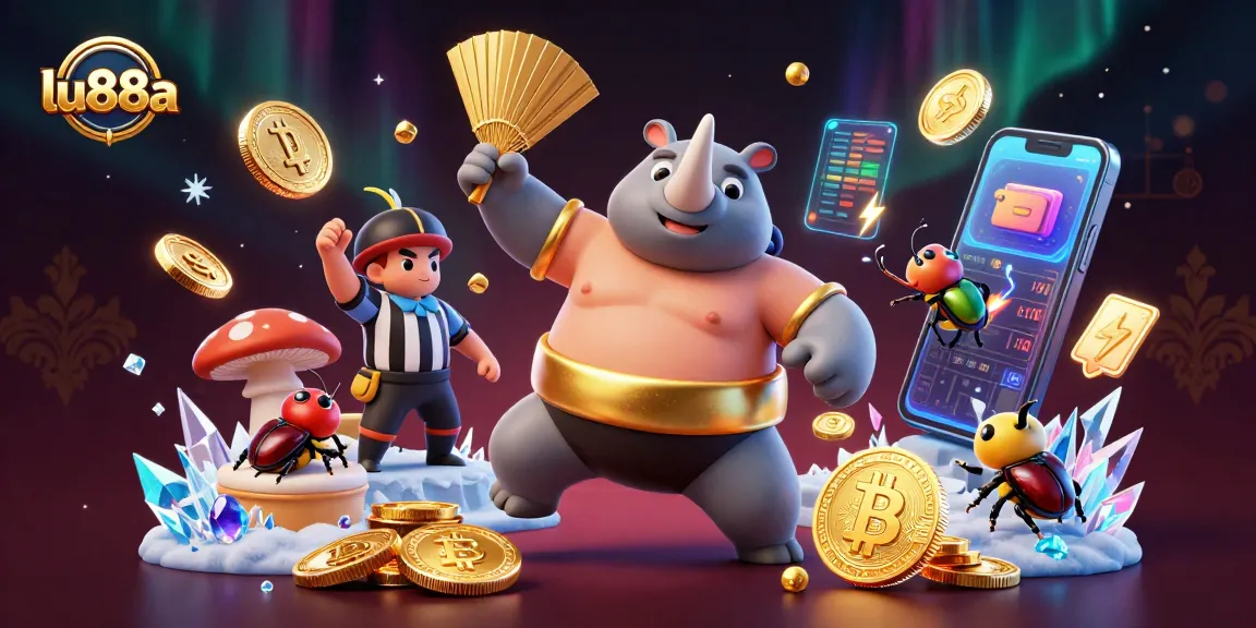 lu88a's engaging casino scene featuring a rhinoceros beetle champion and crypto elements.