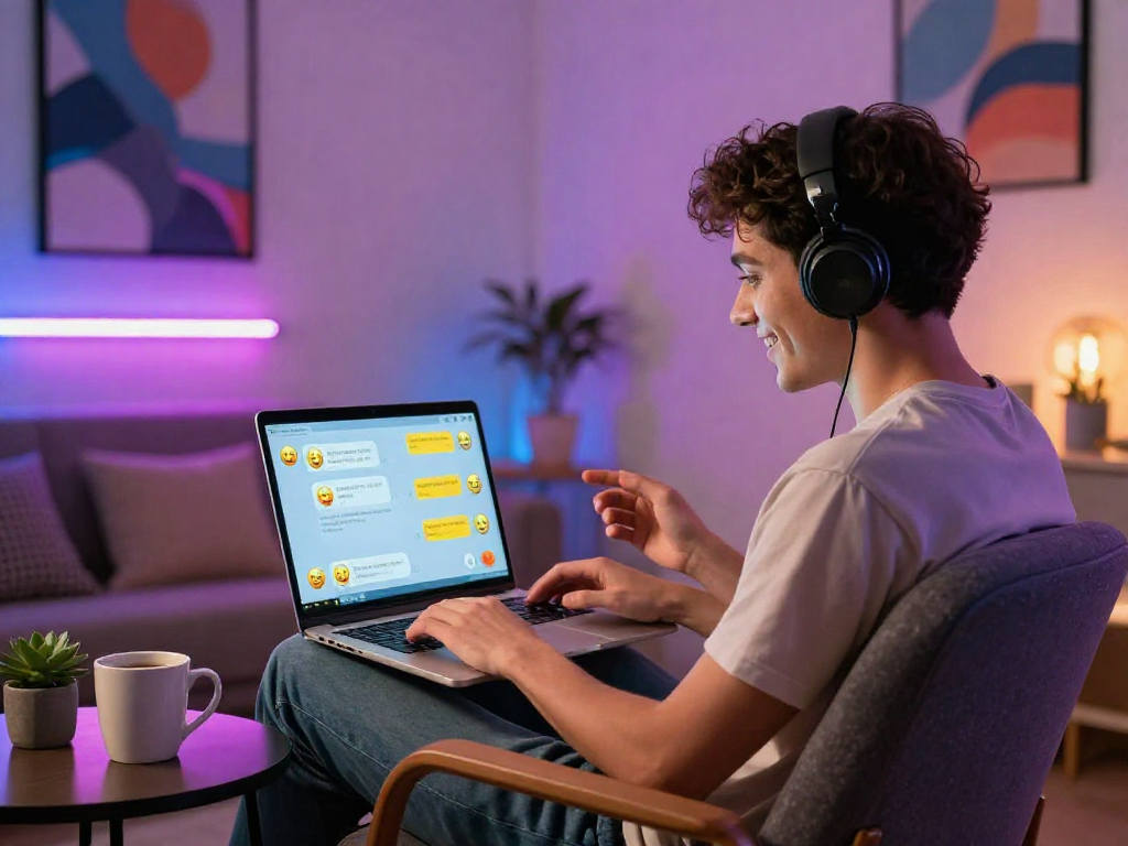 User engaging in ai porn chat on a laptop in a stylish room with vibrant decor.