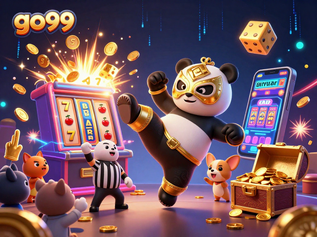 Experience go99's thrilling jackpot with panda wrestler kick and animal fans celebrating.