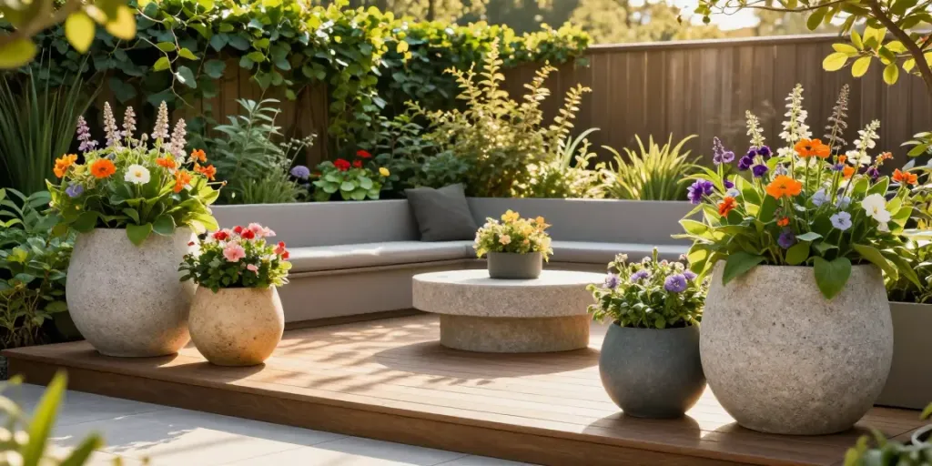 Extra-large planter pots from idealistplanters.co.uk/extra-large-planter-pots/ beautifully arranged in a vibrant outdoor garden.