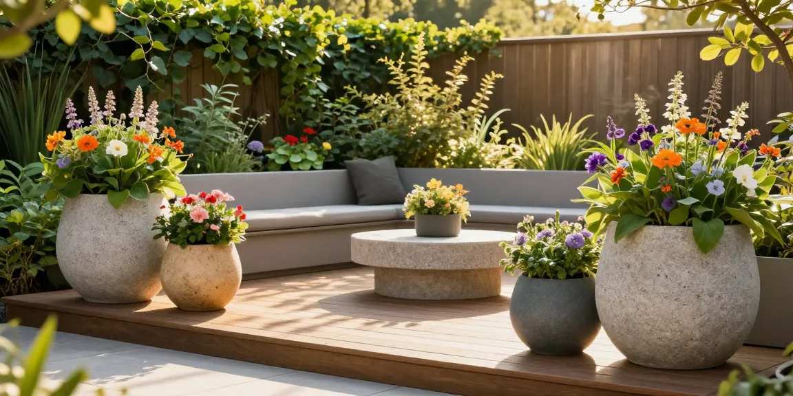 Extra-large planter pots from idealistplanters.co.uk/extra-large-planter-pots/ beautifully arranged in a vibrant outdoor garden.