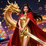 Experience thrilling gameplay with UFABET as a warrior queen commands a golden dragon in a vibrant casino.