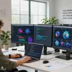 Dynamic workspace illustrating generative AI in software development with coding, data analytics, and creative brainstorming.