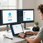 Engaged professional showcasing Telegram Download on laptop in a modern workspace