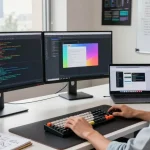 Discover Telegram下载 on a tech workspace showcasing coding setup and vibrant app designs.