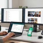 Using WhatsApp電腦版 on a laptop in a modern office workspace
