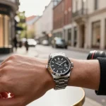 Luxury clone watches showcased on an elegant wrist with urban backdrop.