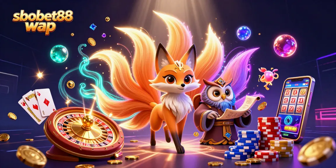 Experience sbobet88 wap with a vibrant scene of gaming spirits, coins, and exciting betting elements.