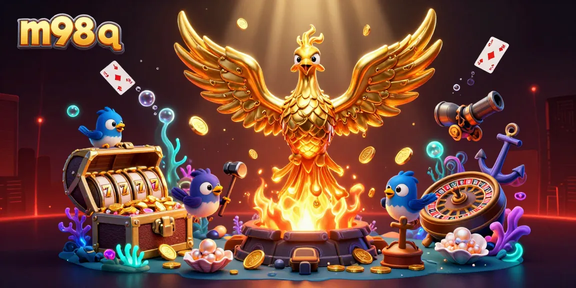 Engage with m98 q on an exhilarating gaming experience featuring a golden phoenix and casino elements.