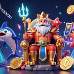 Engage with online casinos Australia featuring cartoon sea king Neptune, crypto coins, and slot elements.