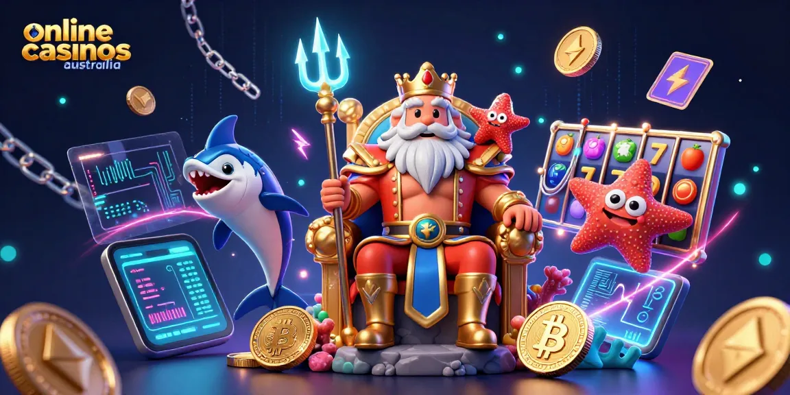 Engage with online casinos Australia featuring cartoon sea king Neptune, crypto coins, and slot elements.