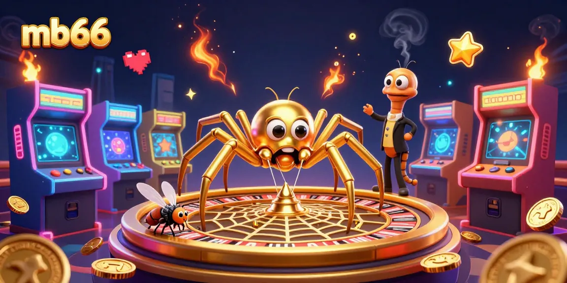 Engage in thrilling gameplay at mb66 with a vibrant 3D casino scene featuring a roulette wheel and arcade games.